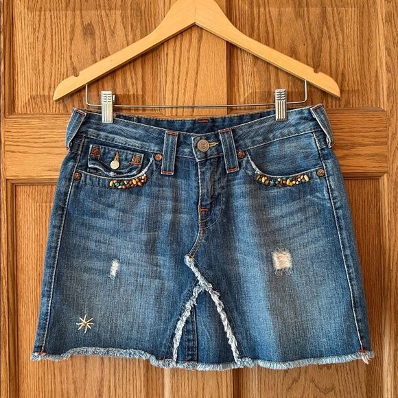 TRUE RELIGION Vintage Y2K Beaded Embroidered Denim Mini Skirt Made In USA - Picture 13 of 15